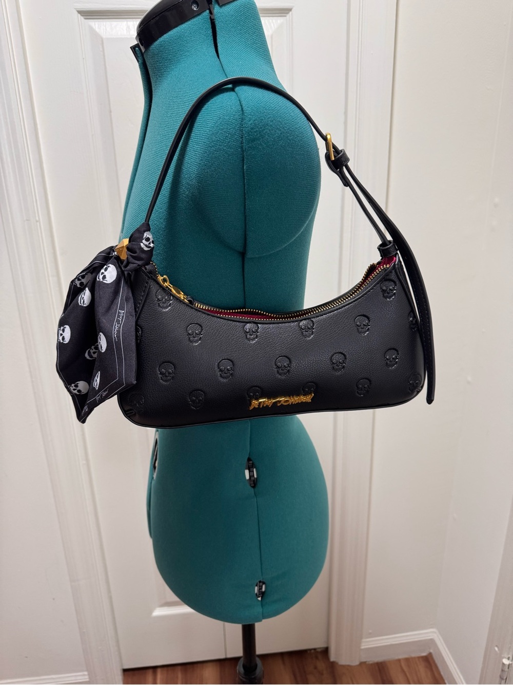 Betsey Johnson Black Embossed Skull Shoulder Bag with Scarf Accent